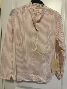 Trovata Pink and White Striped Ruffle-Trim Button Front Blouse